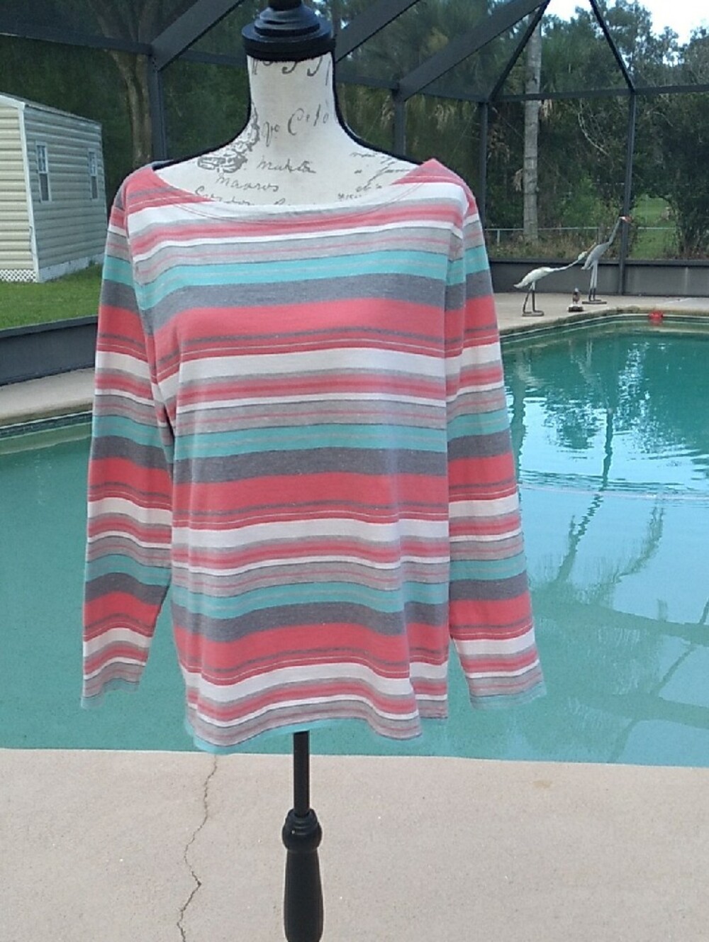 Talbots Long Sleeve Striped Tee - Coral, Teal, Cream & Gray Size 2X